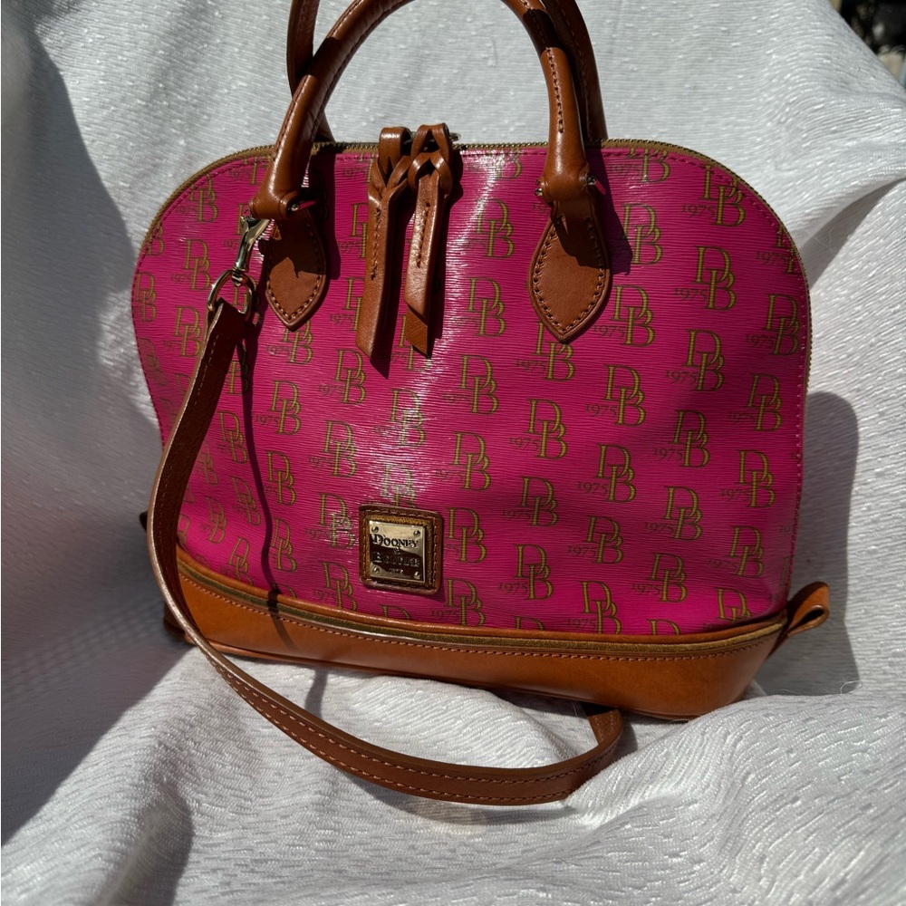 Dooney & Bourke Sutton Bitsy Fuchsia Satchel with Tan Accents
